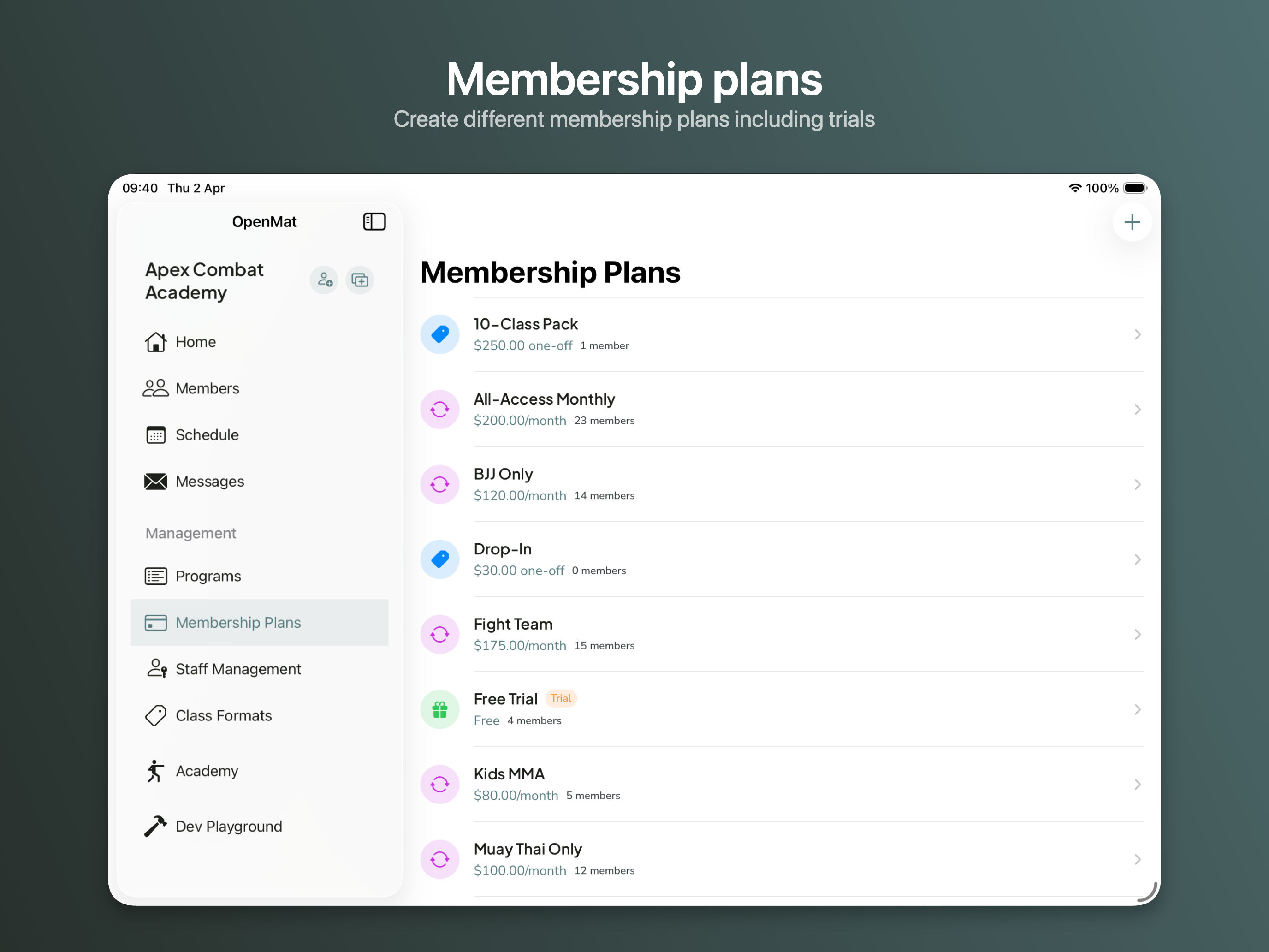 OpenMat iPad showing membership plans with sidebar navigation