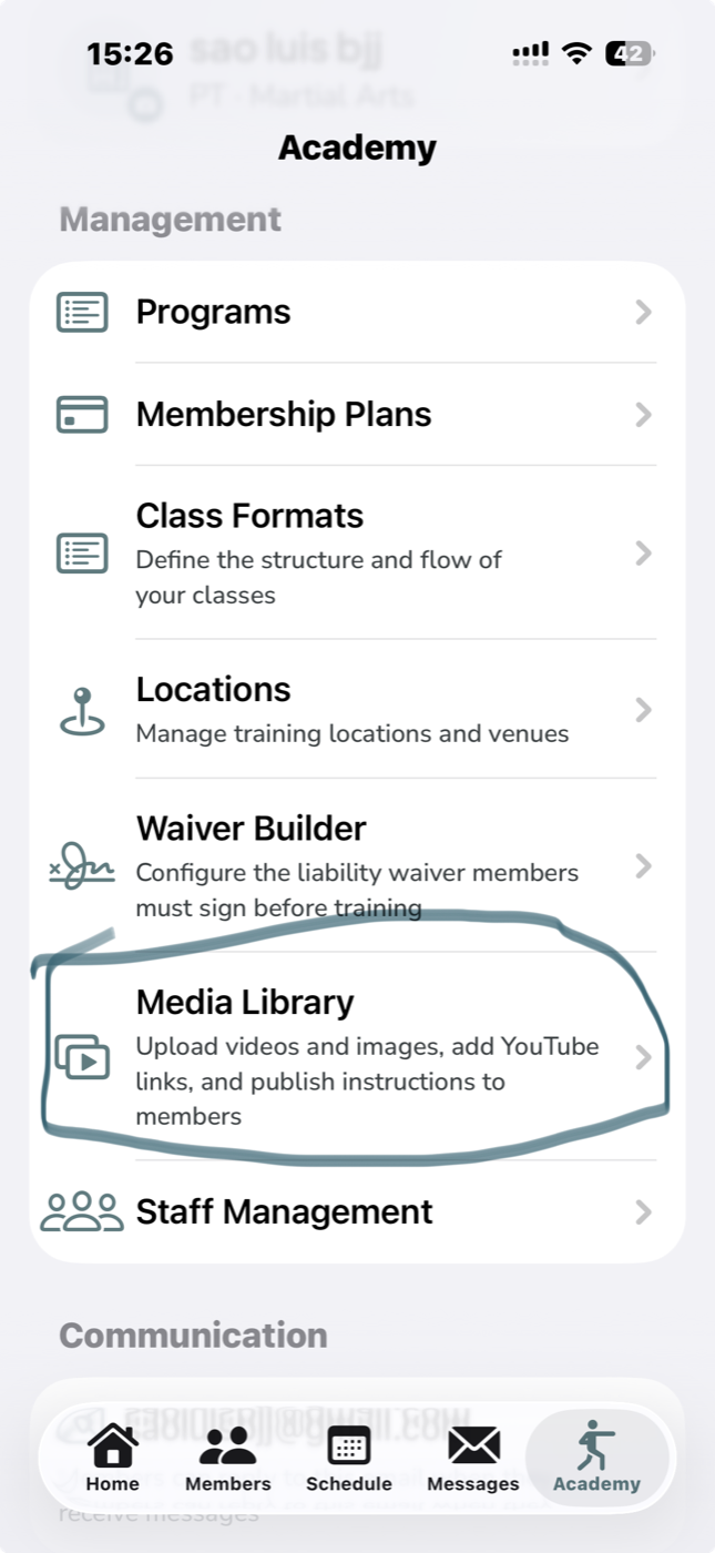 OpenMat Academy tab showing where staff can open Media Library