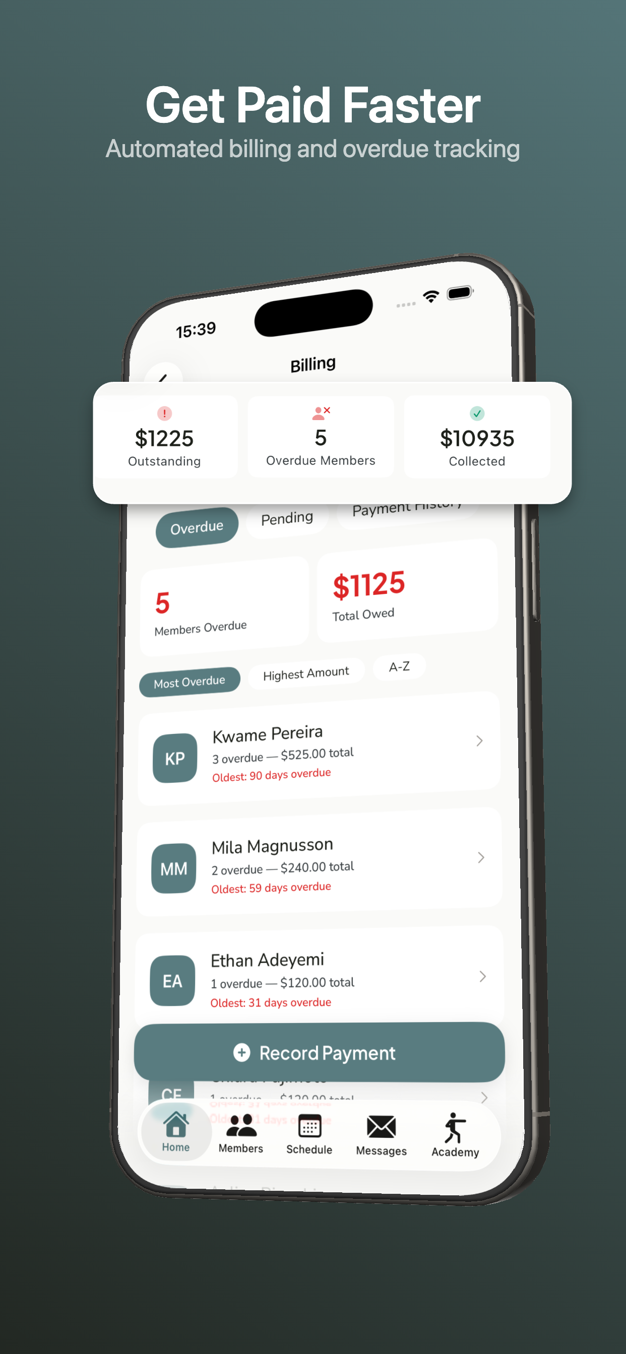 OpenMat billing dashboard showing outstanding payments and collection