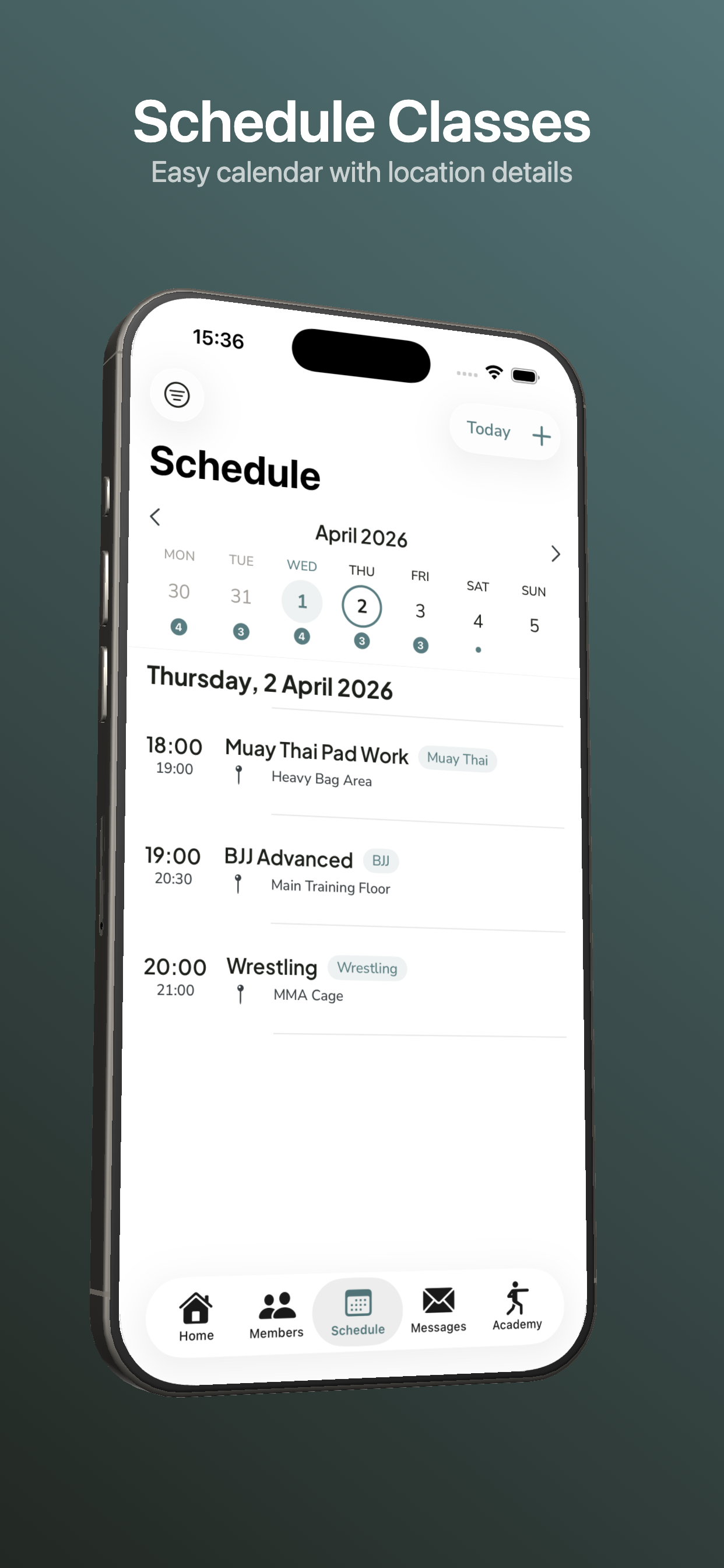 OpenMat weekly training schedule with BJJ, Muay Thai and Wrestling classes